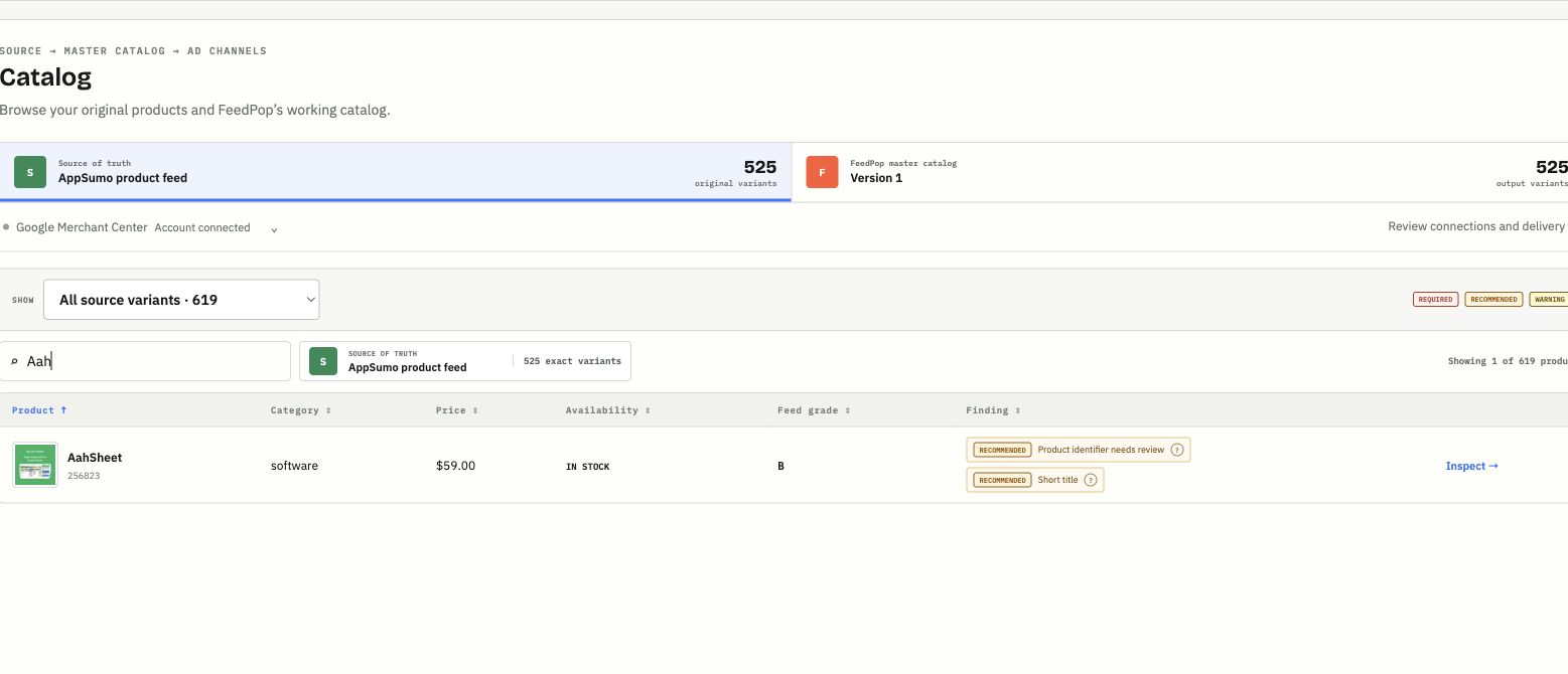 Real AahSheet product row in FeedPop with Short title and Product identifier needs review findings