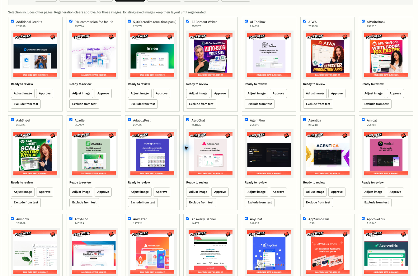 FeedPop Studio showing a paginated grid of AppSumo products with campaign frames and batch review controls